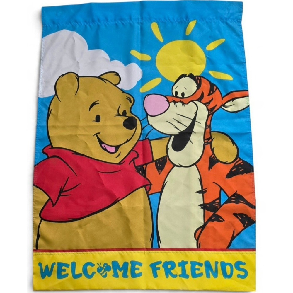 Vintage Disney Winnie the Pooh Tigger Welcome Friends House Flag 28x40